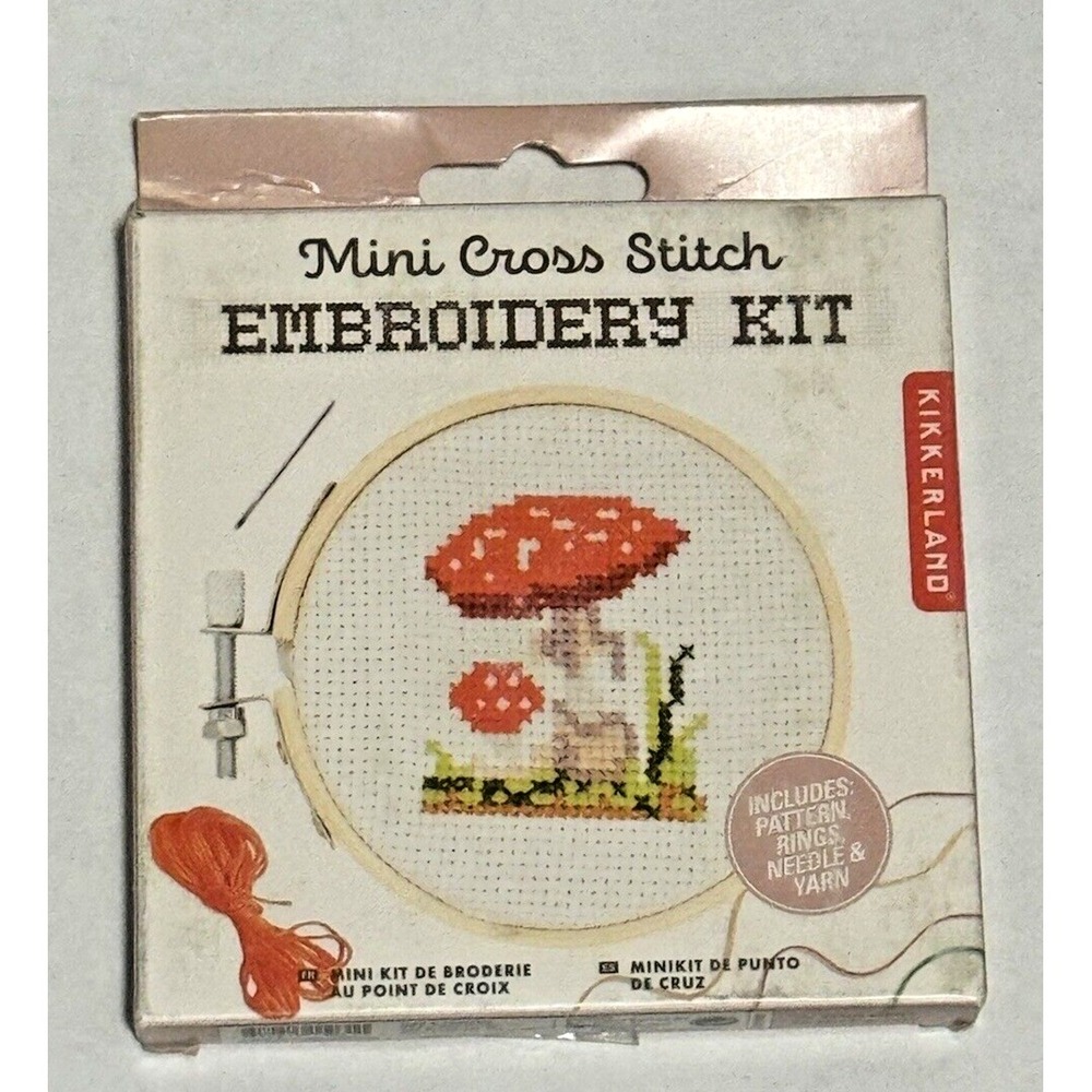 Kikkerland Mini Mushroom Counted Cross Stitch Embroidery Kit Red Mushrooms NEW